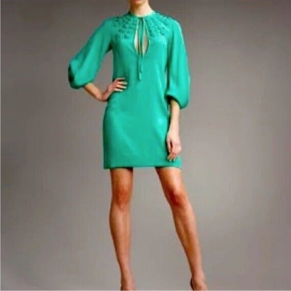 DVF Green Silk Tie-Neck Shift Dress